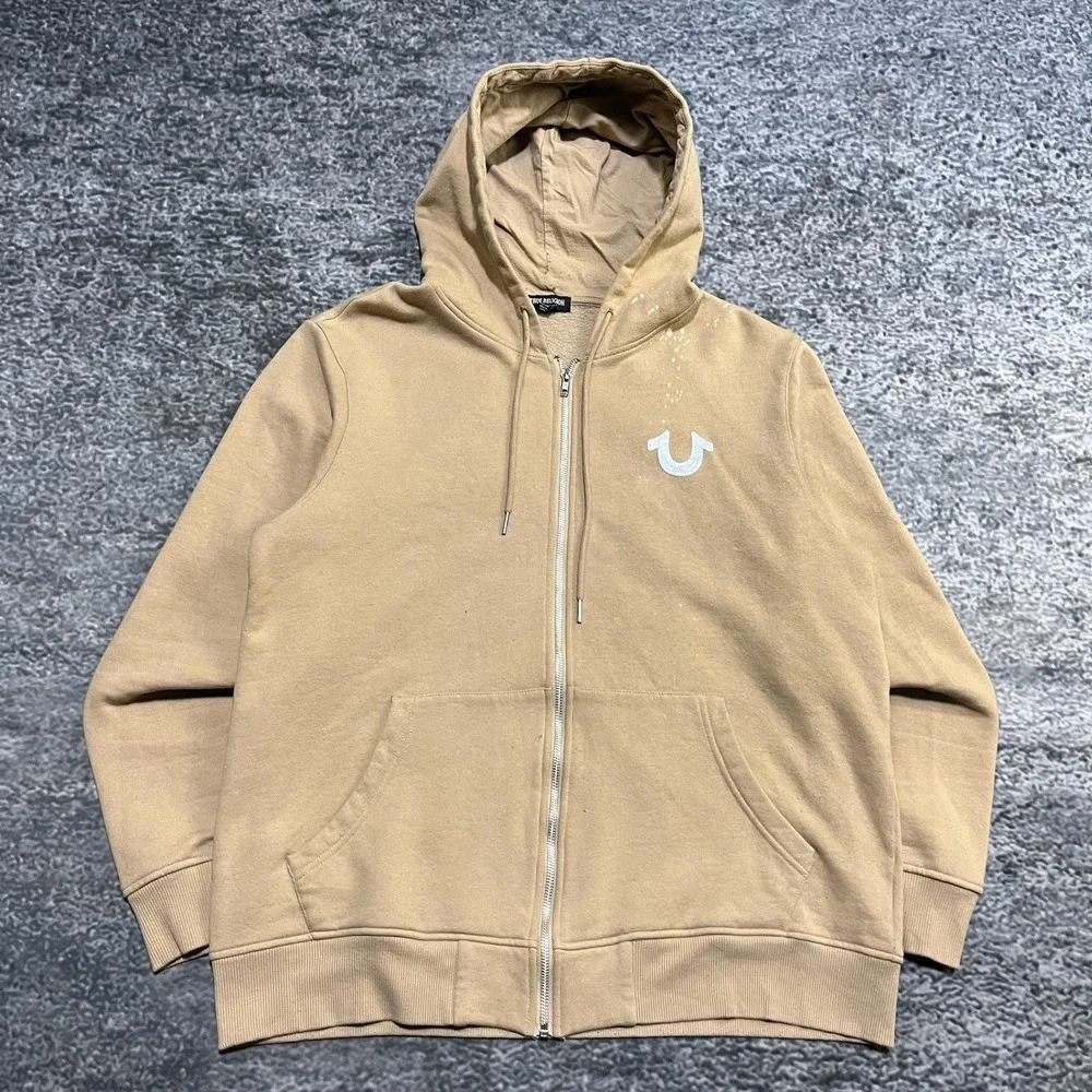 True Religion‎ Zip Up Hoodie Mens XL Beige Logo Graphic Y2K